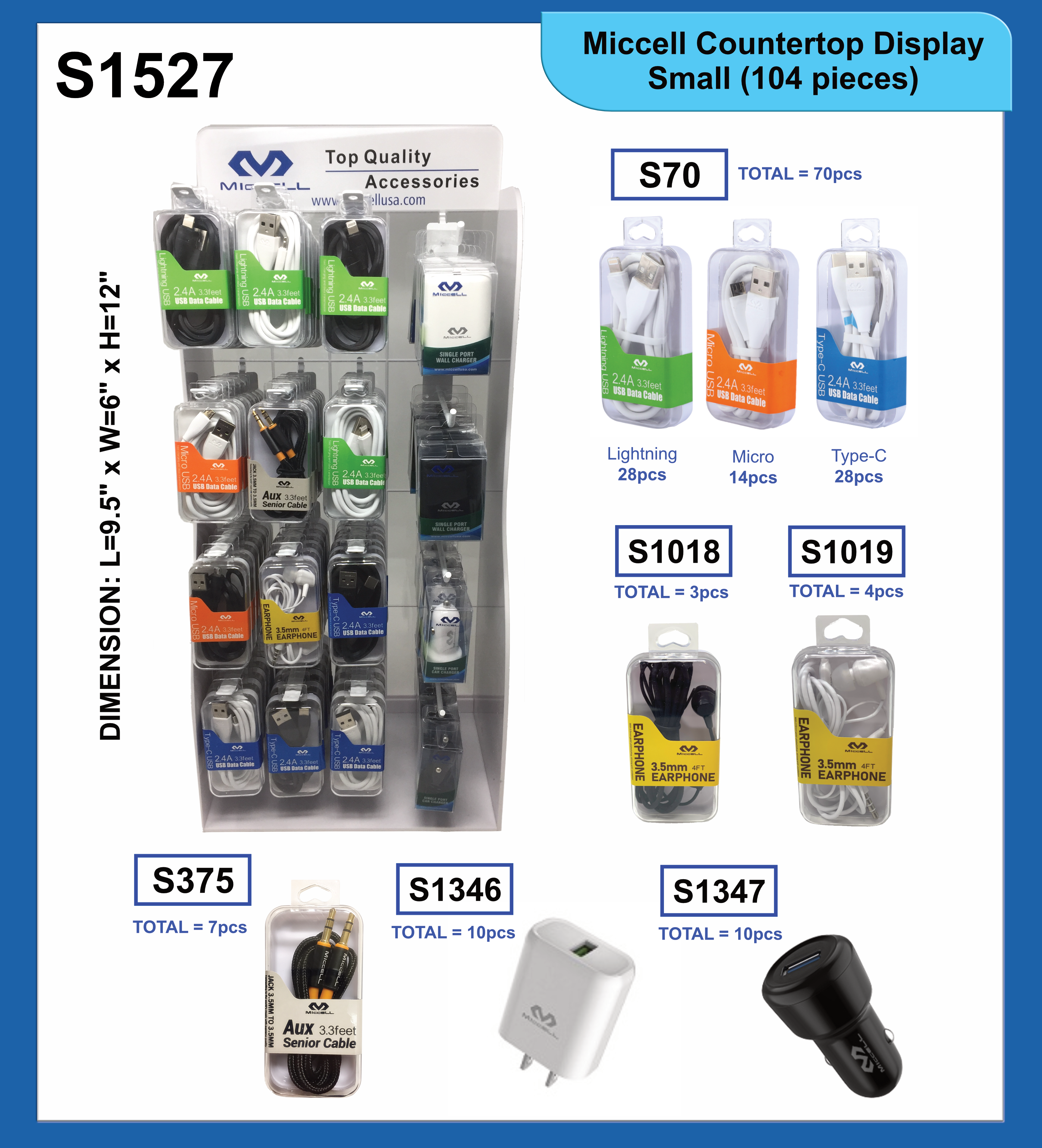 S1527 Miccell Countertop Display SMALL (104 pieces) w/ Chargers (Bundle)
