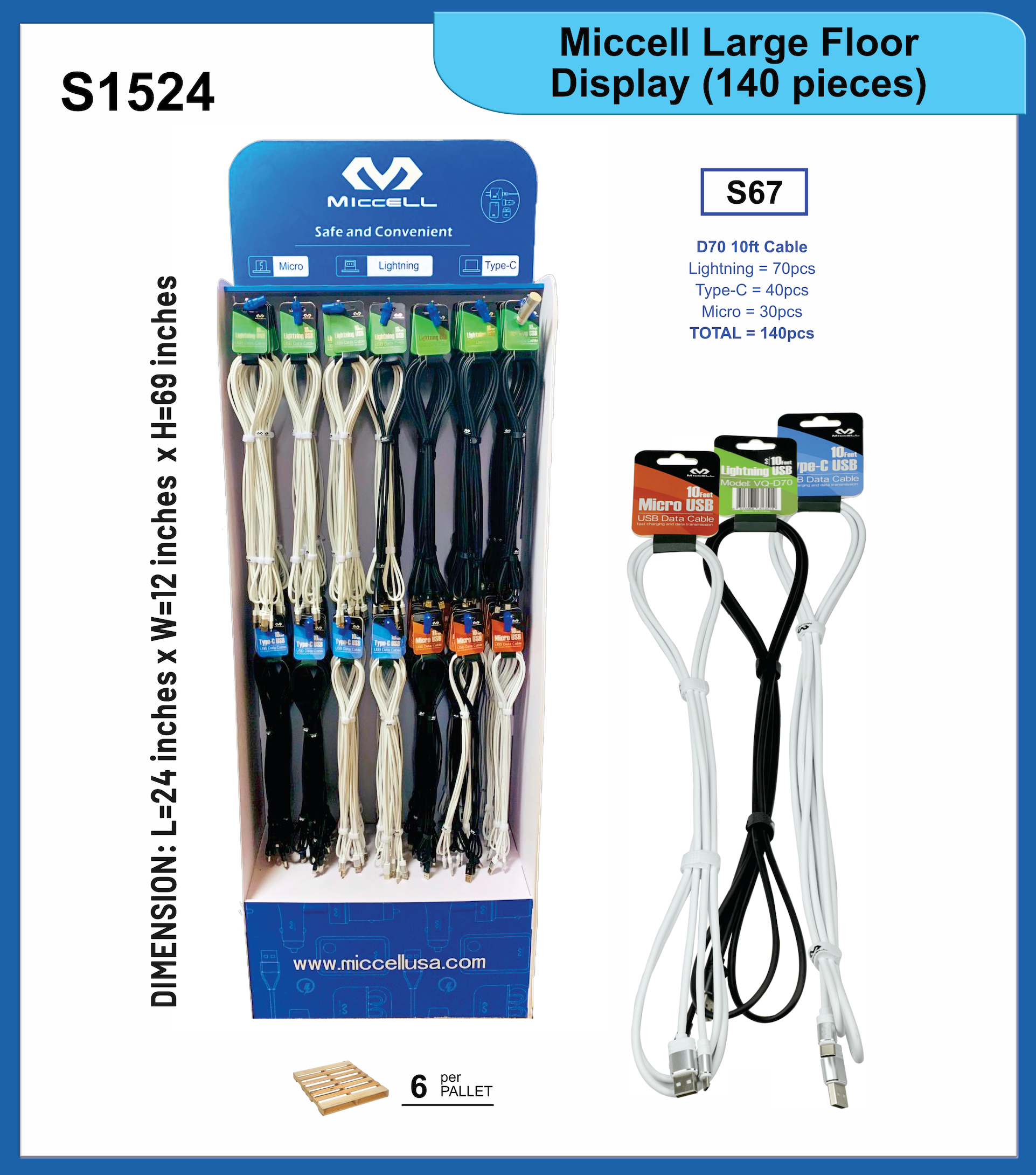 S1524 Miccell Large Floor Display (10ft Cables / 140 pieces) (Bundle)
