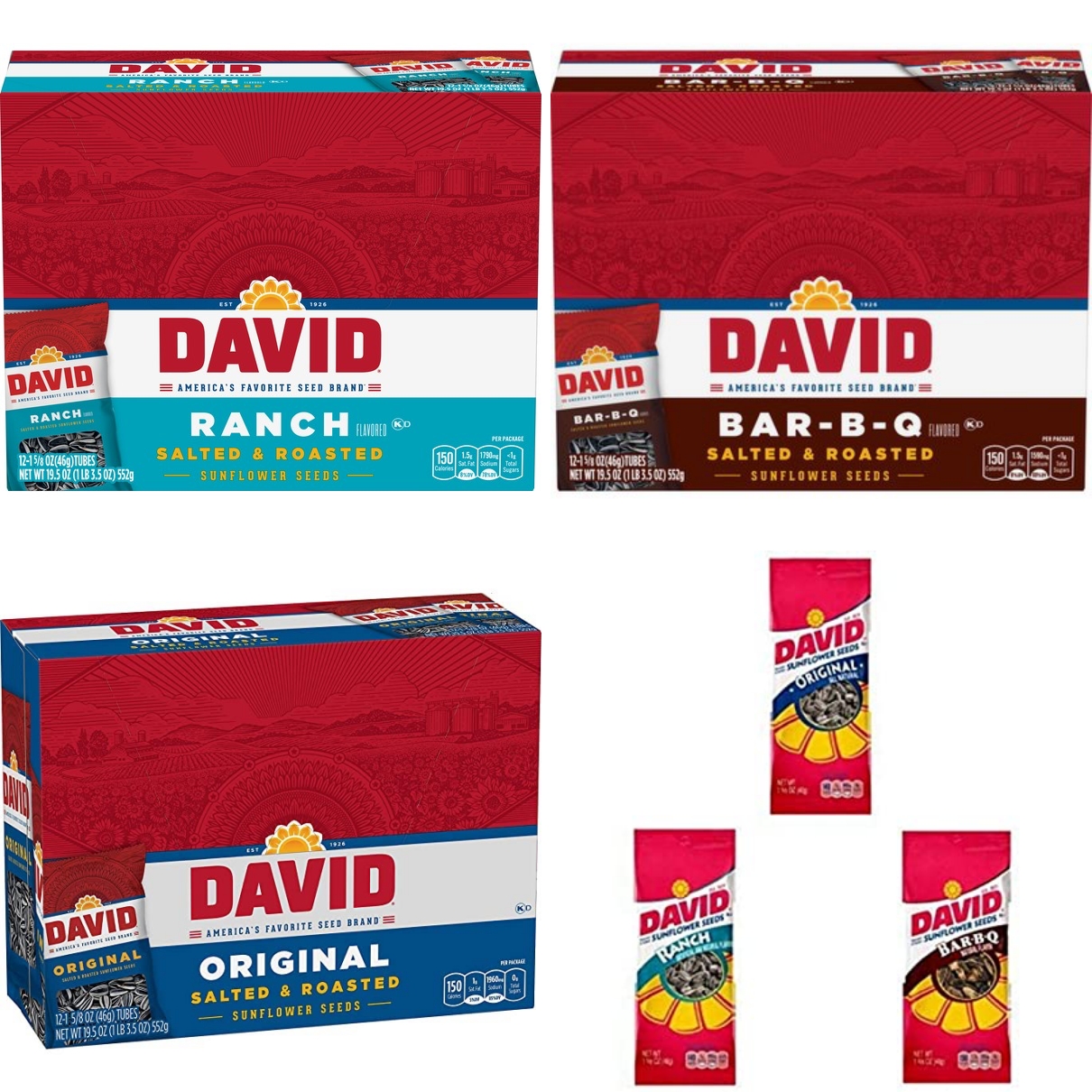 S1322 David Salted & Roasted Sunflower Seeds TUBES 42g x 12ct