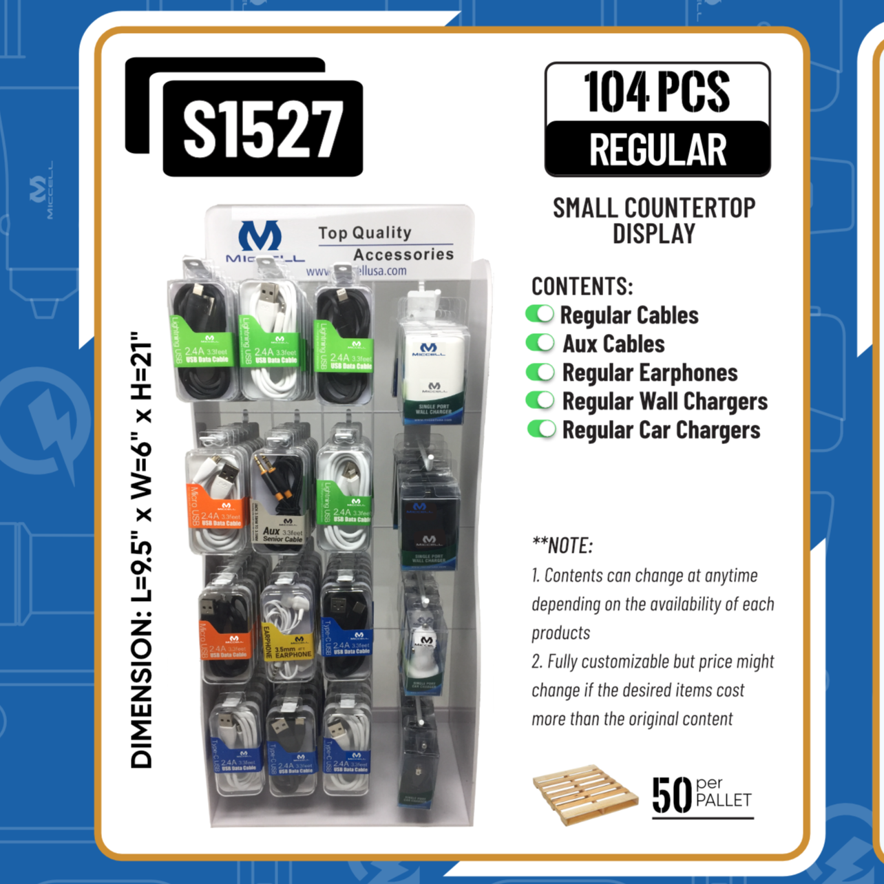 S1527 Miccell Countertop Display SMALL (104 pieces) w/ Chargers (Bundle)